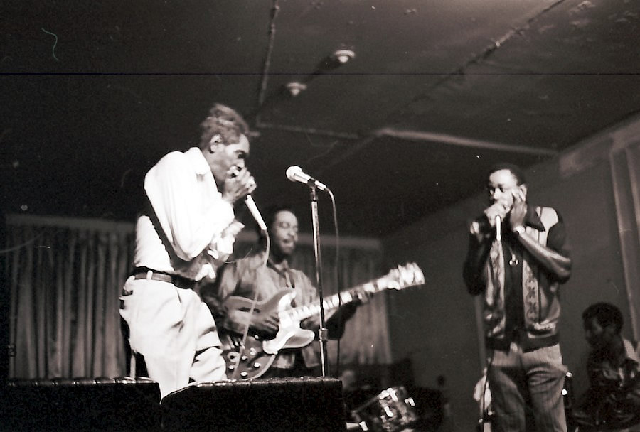 Big Walter Horton, Eddie Taylor and Carey Bell probably at Big Duke's Flamingo Club - By Hasse Andreasson